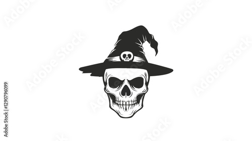 A vector illustration depicting a human skull wearing a wide-brimmed witch's hat. The style is monochrome, utilizing shades of black and gray against a white background. The skull is detailed,