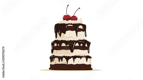 A digital illustration of a three-layered chocolate cake. Each layer is light-colored, possibly vanilla or similar, and separated by a generous layer of dark chocolate.  The cake is topped with a