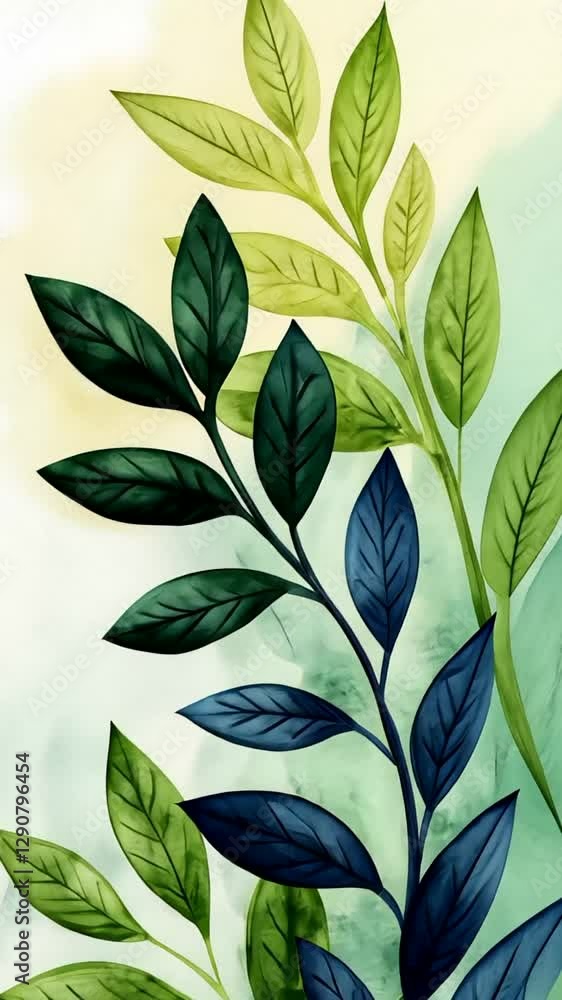 Green and blue watercolor leaves on a textured background, artistic botanical illustration, nature, springtime decor, serene foliage design