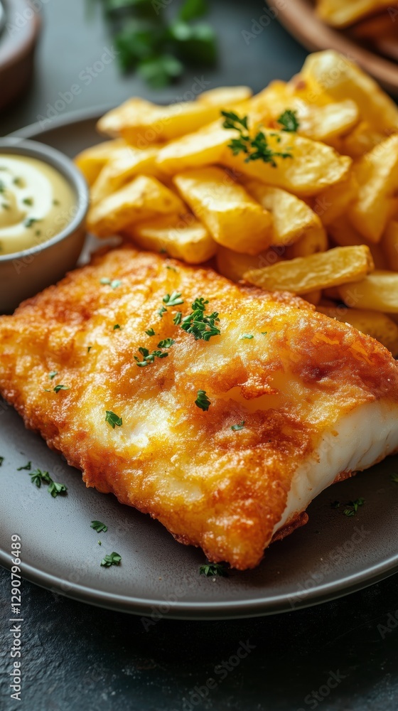 Crispy Fried Fish With Golden Fries Served on a Black Plate in a Cozy Setting Crispy Fried Fish With Golden Fries Served on a Black Plate in a Cozy Setting
