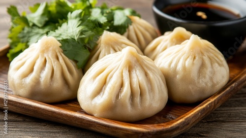 Wallpaper Mural Close-up view of Mongolian buuz dumplings served on wooden platter alongside soy sauce and fresh herbs in a rustic setting Torontodigital.ca