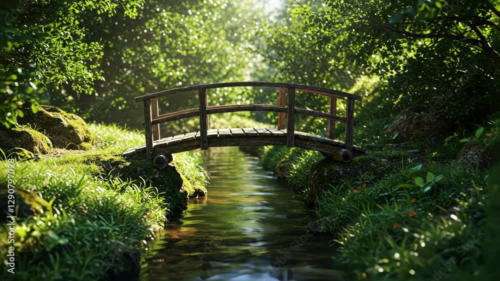A serene wooden bridge over a calm stream in a lush forest A serene wooden bridge over a calm stream in a lush forest