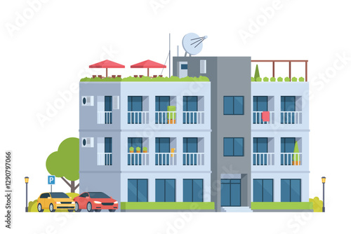 Apartment Building Vector Illustration. Urban Mid-Rise Housing in Flat Style and Clean Design