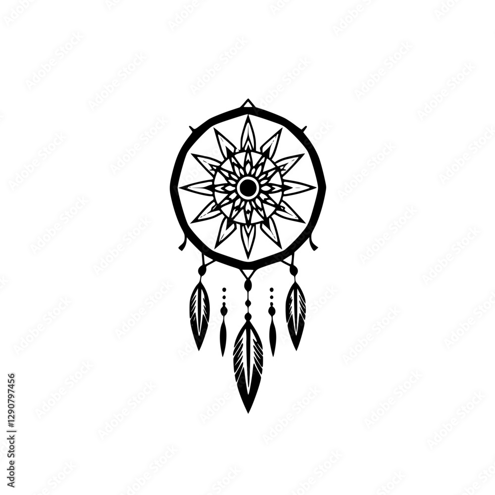 Fototapeta premium Intricate black and white dreamcatcher design, with feathers and details, on a clean white background.