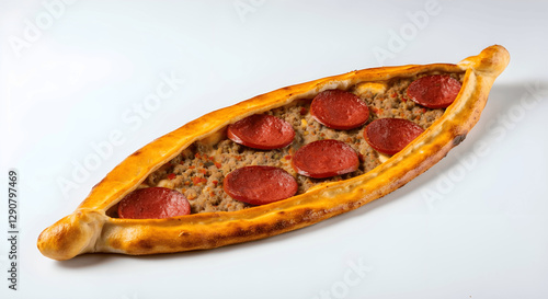 Authentic Turkish Pide with Sucuk  Minced Meat  A Crispy, Golden Crust Filled with Rich, Spiced Flavors for the Ultimate Savory Delight