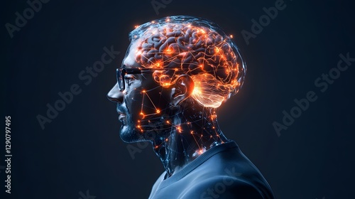 a human with brain network glowing, showing innovative process and creativity. The person is wearing glasses 