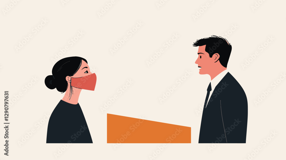 The illustration depicts a stylized vector graphic showing a man and a woman in profile view. They are positioned on opposite sides of a low orange rectangular barrier, suggesting social The illustration depicts a stylized vector graphic showing a man and a woman in profile view. They are positioned on opposite sides of a low orange rectangular barrier, suggesting social