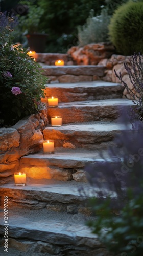 Stairway Illuminated by Candles Amidst a Lush Garden During Twilight