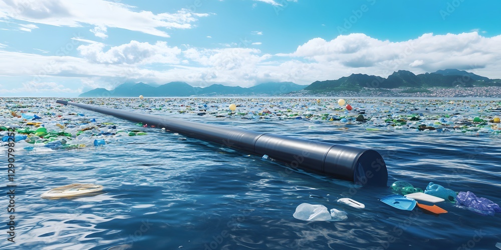 Fototapeta premium an innovative device removing plastic waste from the ocean, with mountains in the background and a bright blue sky above