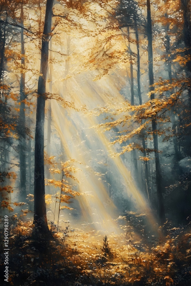 Obraz premium Enchanting Autumn Forest Bathed in Ethereal Sunbeams and Misty Hues