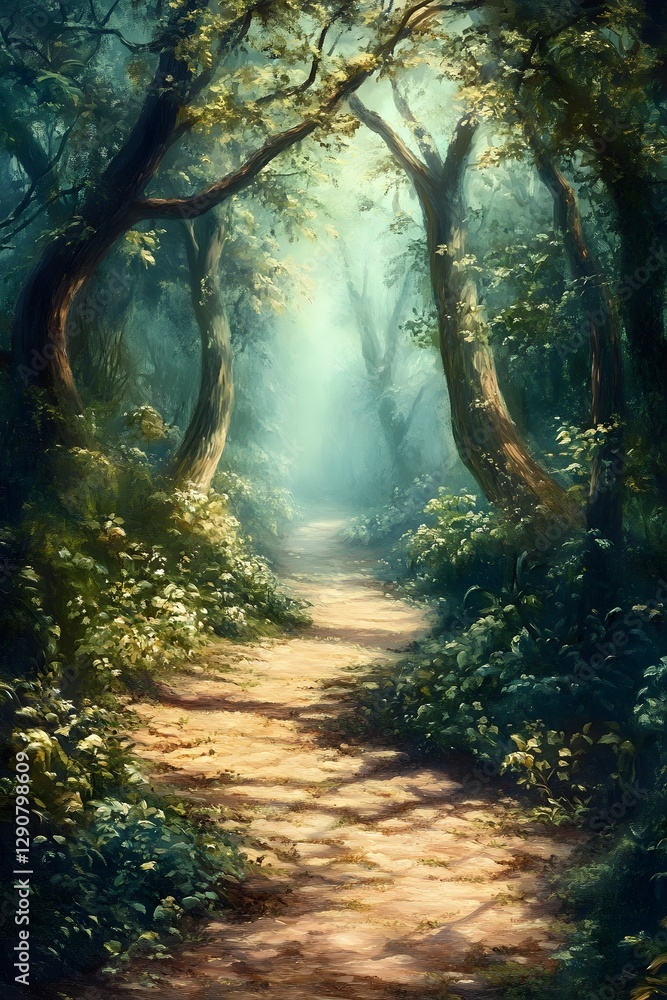 Obraz premium Enchanted Forest Path in Whimsical Oil Painting Style with Fairytale-like Scenery