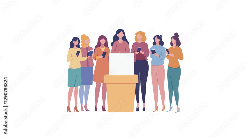 Obraz premium A digital illustration depicting a group of seven diverse women standing together. Each woman holds a smartphone, except for one who stands behind a blank vertical sign/poster positioned on a
