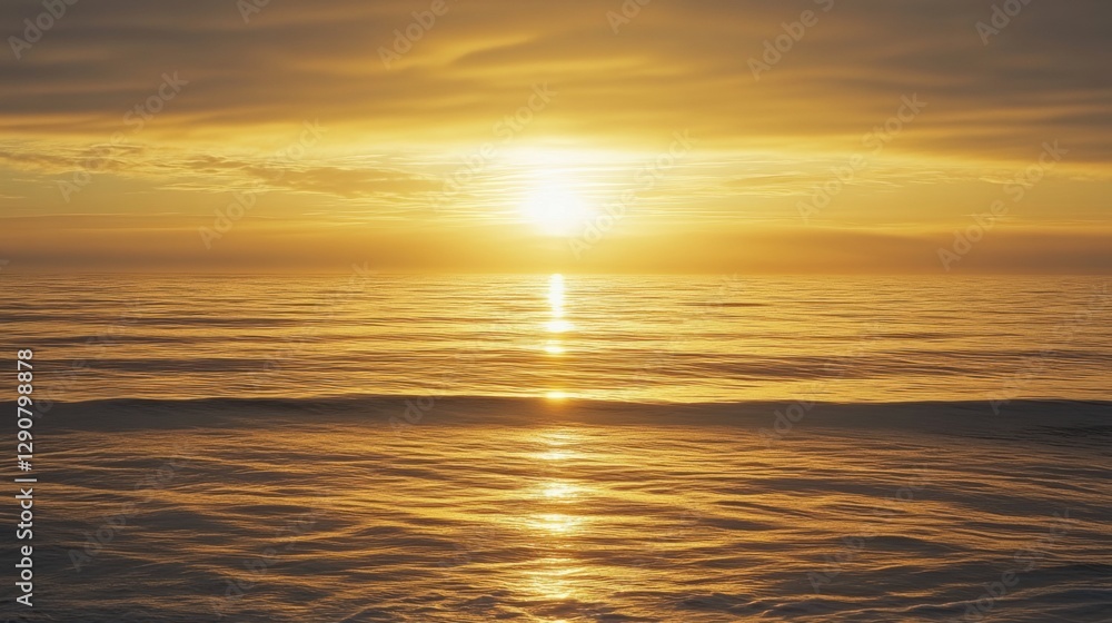 Fototapeta premium A serene seascape at sunrise, golden hues reflecting on the calm ocean waves with a distant horizon.