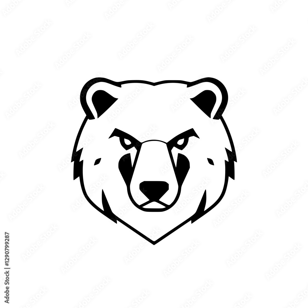 A black and white stylized bear head with an intense gaze, set against a white background, simple and modern. A black and white stylized bear head with an intense gaze, set against a white background, simple and modern.