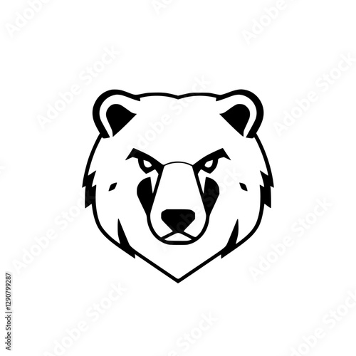 A black and white stylized bear head with an intense gaze, set against a white background, simple and modern.