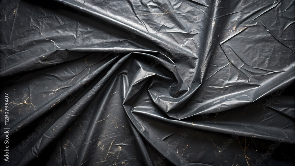 Obraz premium Black crumpled plastic creates dynamic and slightly unsettling texture, its creased surface swirling with an almost organic energy