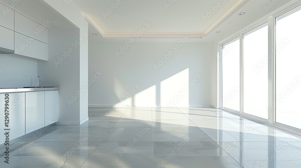 Fototapeta premium A modern empty room with white walls and tiled floors, featuring large windows that let in natural light.