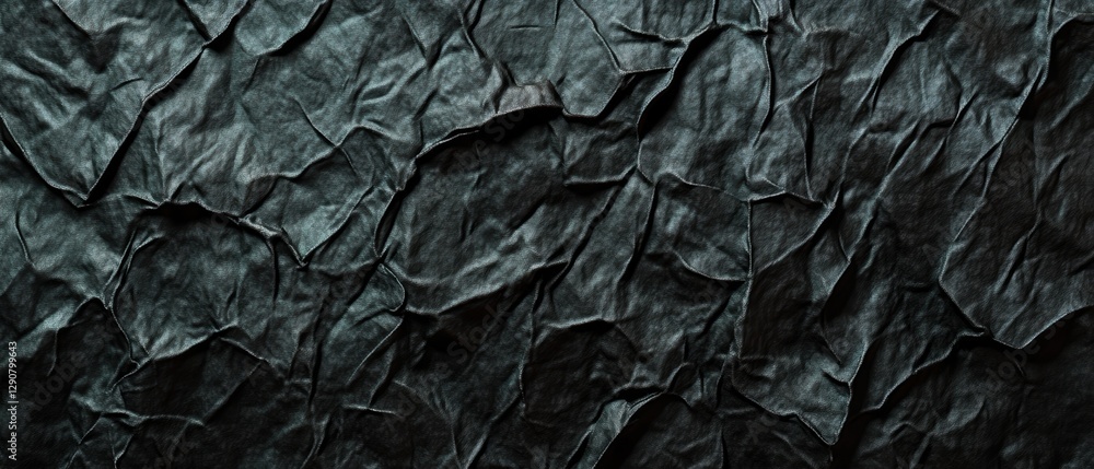 Black crumpled paper texture, dark background for design, abstract pattern, wrinkled surface for creative projects, artistic backdrop for visual content.