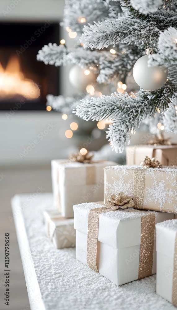 Scandinavian Christmas Stack of Eco-Friendly Gifts Under Frosted Tree by Cozy Fireplace Scandinavian Christmas Stack of Eco-Friendly Gifts Under Frosted Tree by Cozy Fireplace
