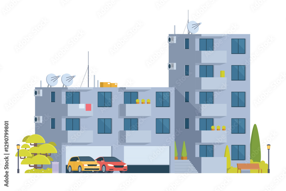 Obraz premium Apartment Building Vector Illustration. Urban Mid-Rise Housing in Flat Style and Clean Design