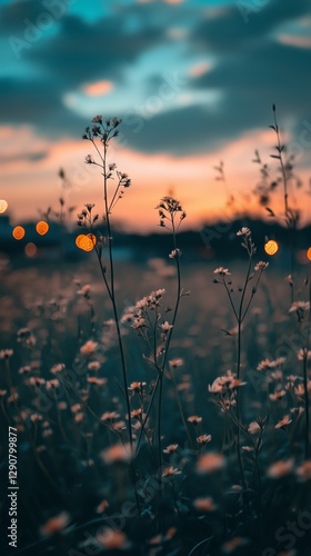 Golden Grass Under a Starry Sky at Dusk With Distant City Lights Illuminating...