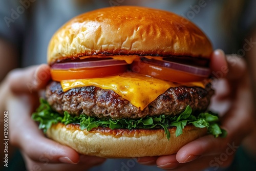 Juicy Cheeseburger Topped With Fresh Lettuce, Tomato, and Onion Held by a Per...