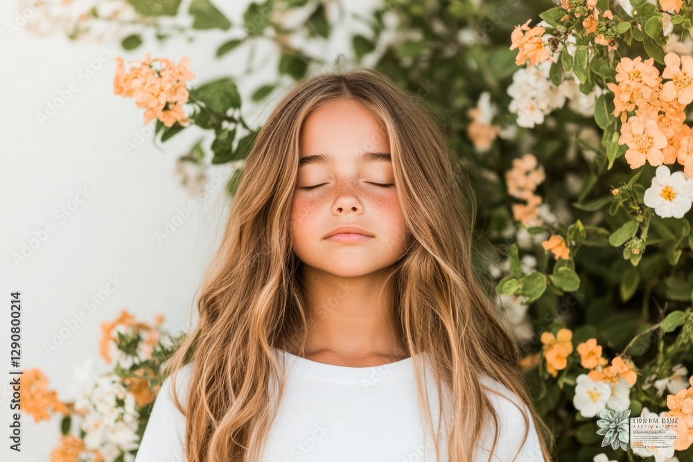 Serene girl with closed eyes surrounded by vibrant flowers exude Serene girl with closed eyes surrounded by vibrant flowers exude