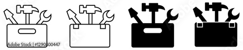 Toolbox icon set with hammer wrench and screwdriver black and outline tool kit symbol for repair maintenance and construction. Tools and Service icons set. Wrench, screwdriver and hammer collection. 