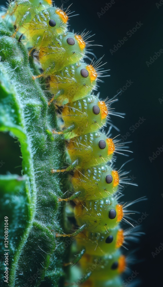 Fototapeta premium Close-up of vibrant green caterpillars lined up on a leaf, showcasing intricate details and textures.