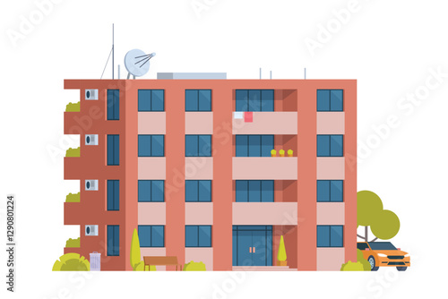 Apartment Building Vector Illustration. Urban Mid-Rise Housing in Flat Style and Clean Design