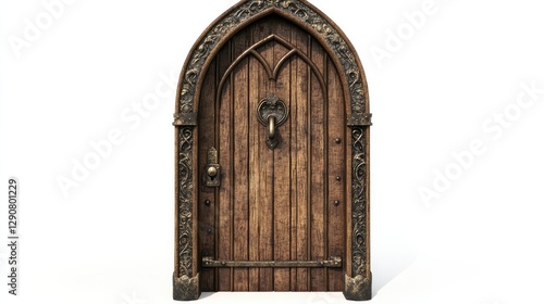 A medieval-style wooden door with an ornate lock, perfectly isolated on a white background. Vintage and historical concept