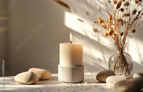 A serene candle surrounded by stones and dried flowers, creating a calming atmosphere.