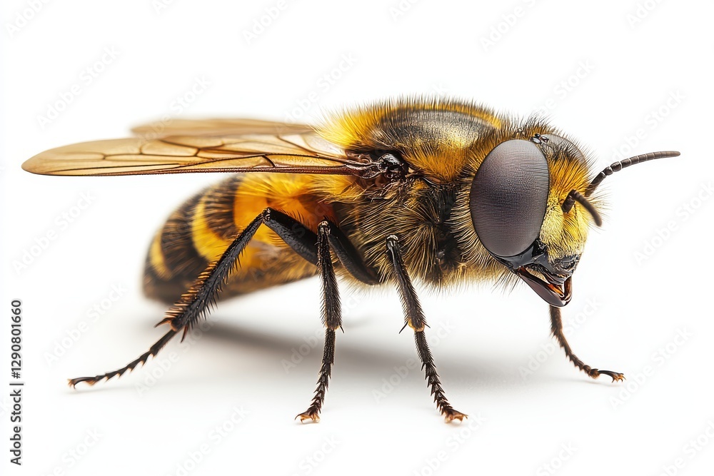 Fototapeta premium Close-up of a bee with detailed textures and vibrant colors against a clean white background. A stunning macro shot showcasing nature's intricate beauty.