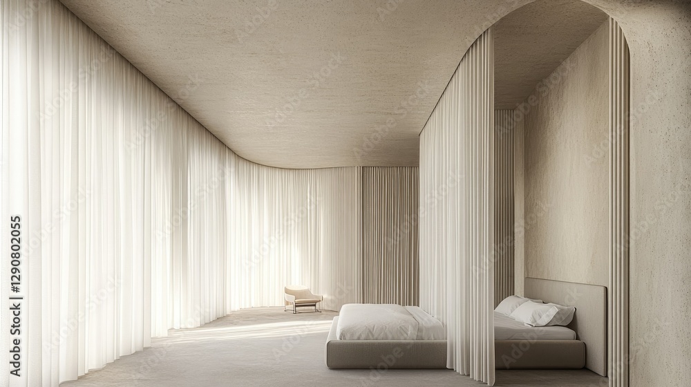 Fototapeta premium Modern Beige Bedroom, Minimalist Design