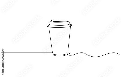 Continuous one line drawing of paper cup of coffee. One line drawing illustration of coffee takeaway, Paper cup of hot coffee in one Continuous line drawing. Concept of drink to go in line art style.