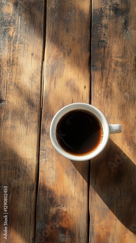Warm Coffee Cup on Rustic Wooden Table by Sunlight in a Cozy Corner of a Cafe