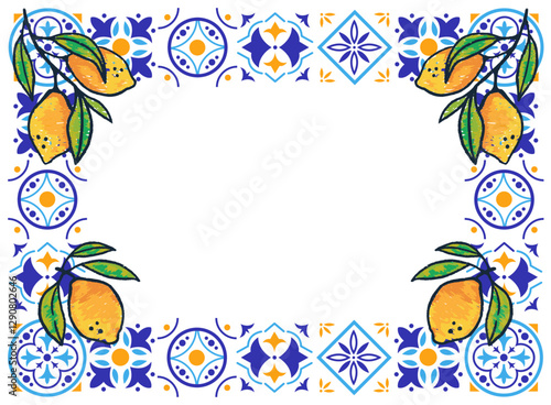 Frame with blue  lemon branches. Horizontal empty border with italian geometric mosaic. Design element for greeting card, menu

