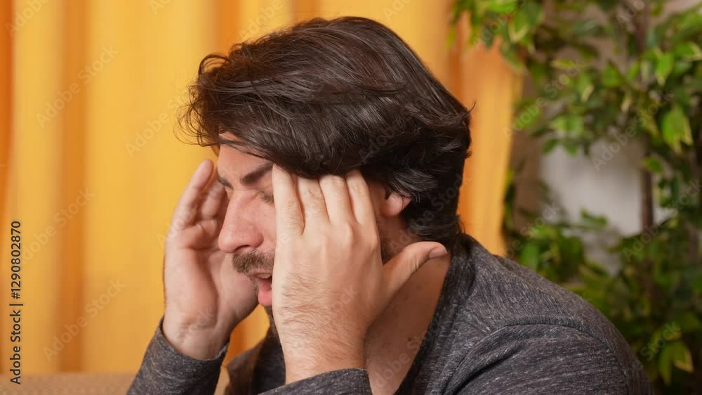 Adult man sitting on sofa close up shot, man has headache, painful expression, massaging temples, touching neck. Adult man sitting on sofa close up shot, man has headache, painful expression, massaging temples, touching neck.