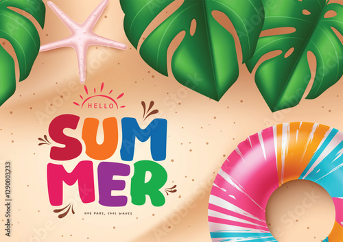 Hello summer greeting text in sand with floater starfish and monstera leaves, beach elements for outdoor travel background, Vector illustration