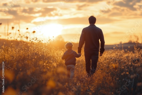 Father and Son Enjoy a Sunset Walk in a Golden Field During the Evening