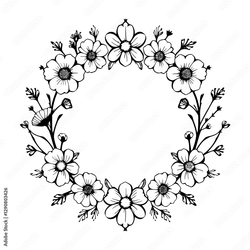 Delicate floral wreath of daisies in black ink. Delicate floral wreath of daisies in black ink.