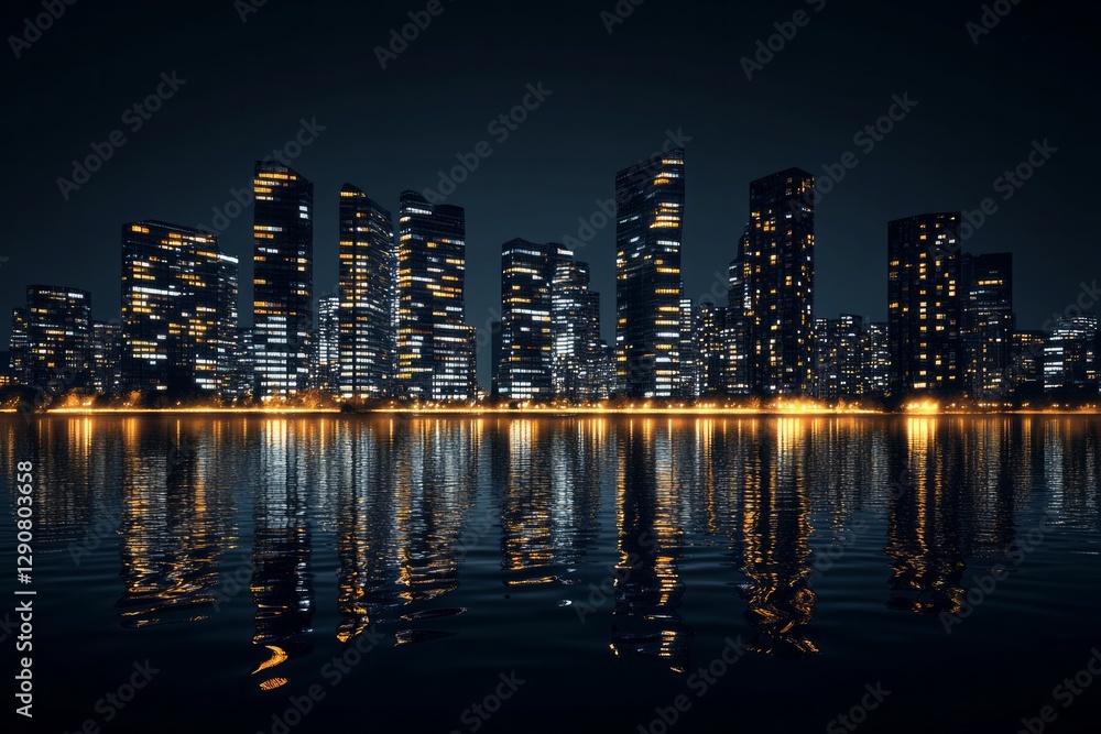 Obraz premium city buildings skyscapes at night water front, front view on black background