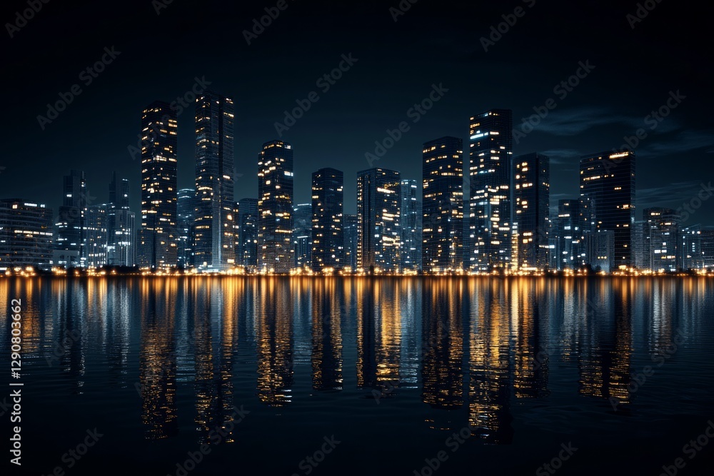 Fototapeta premium city buildings skyscapes at night water front, front view on black background