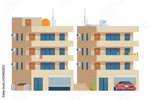 Apartment Building Vector Illustration. Urban Mid-Rise Housing in Flat Style and Clean Design