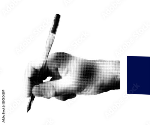 Halftone dotted male hand writing with pen. Vector textured photocopy effect business hand for trendy collages