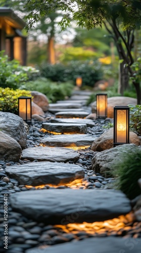 Serene Garden Pathway Illuminated by Lanterns in a Tranquil Setting of Rocks ...