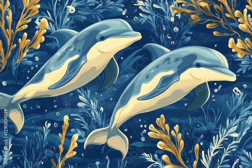 Dolphins Swimming Gracefully Among Blue Floral Patterns in an Underwater Setting