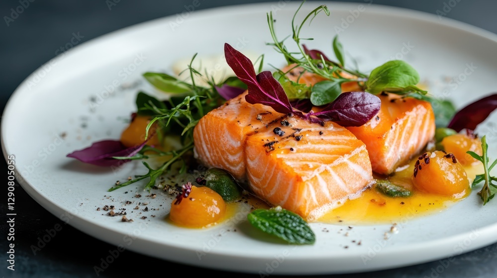 This exquisite dish features perfectly cooked salmon fillets elegantly garnished with vibrant herbs and colorful ingredients, showcasing culinary artistry and fresh flavors. This exquisite dish features perfectly cooked salmon fillets elegantly garnished with vibrant herbs and colorful ingredients, showcasing culinary artistry and fresh flavors.