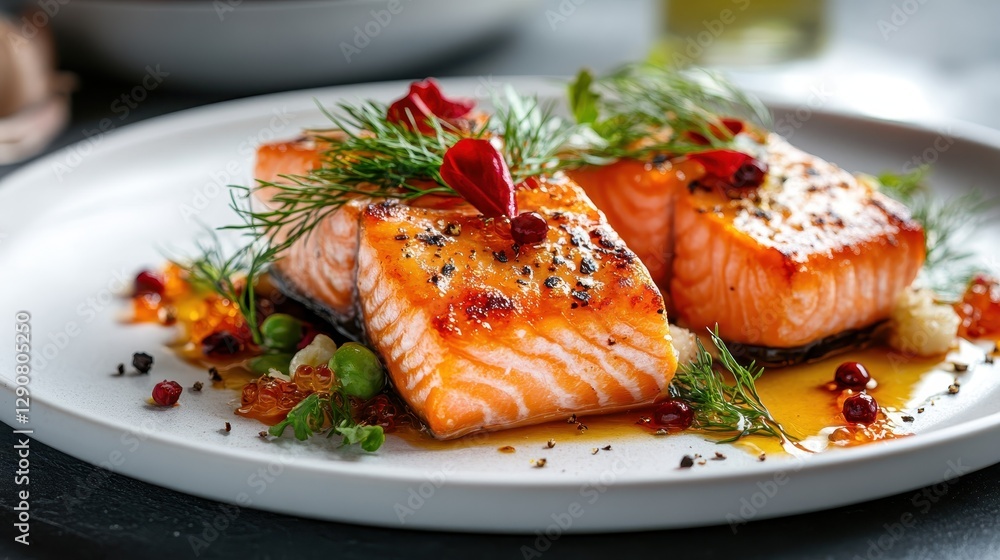 Beautifully grilled salmon fillets topped with herbs and drizzled with rich sauces create a stunning dish that combines flavor and art for a memorable dining experience. Beautifully grilled salmon fillets topped with herbs and drizzled with rich sauces create a stunning dish that combines flavor and art for a memorable dining experience.