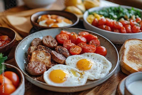 Delicious Hearty Breakfast Featuring Eggs, Sausages, Toast, and Fresh Vegetables